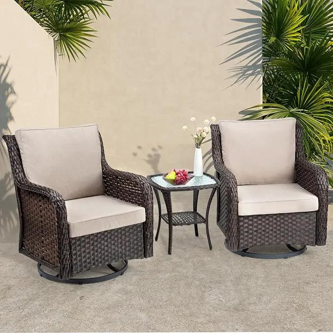 Towallmark Outdoor Swivel Wicker Glider Patio Chairs with Table Set, 3 Pieces Outdoor Bistro Set with 4”Thick Cushions and Coffee Table for Porch, Balcony, Deck (Beige) by GreenHaven Gardens