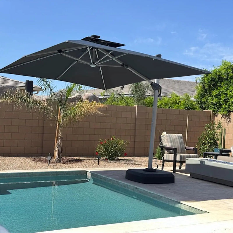 PURPLE LEAF 10' X 10' Solar Powered LED Patio Large Umbrella Offset Double Top Hanging Umbrella Outdoor Market Umbrella for Garden, Slate Gray by GreenHaven Gardens