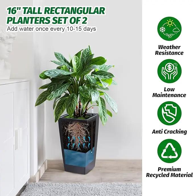 16" Tall Planters Set of 2, Outdoor＆Indoor Black Planter Pots, High Front Porch Planter Pots with Drainage Holes＆Water Level Monitor＆Inner Bucket, Automatic Watering,Black by GreenHaven Gardens
