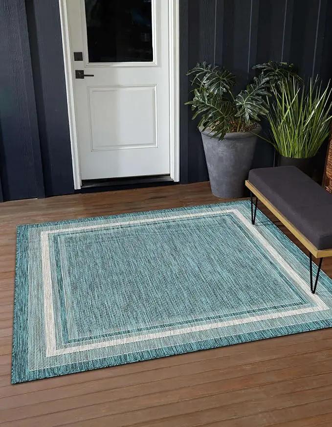 Unique Loom Outdoor Border Collection Area Rug - Soft Border (12' Square Teal/Ivory) by GreenHaven Gardens