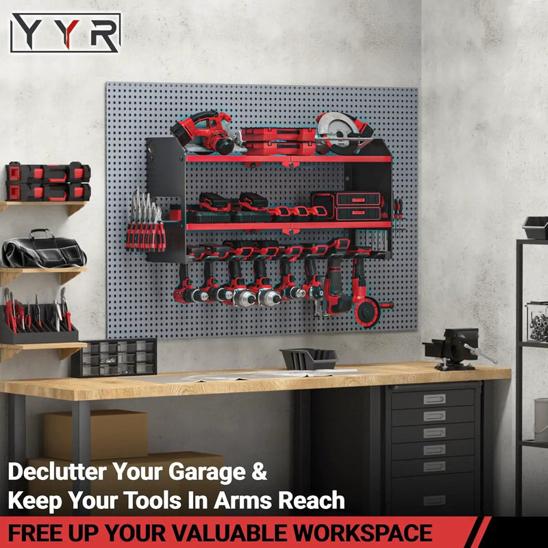 YYR Power Tool Organizer Wall Mount, Cordless Drill and Battery Holder, Electric Tools Hanger Storage Rack with Charging Station, Garage Organization Floating Shelf - Made of Heavy Duty Metal, Red by GreenHaven Gardens