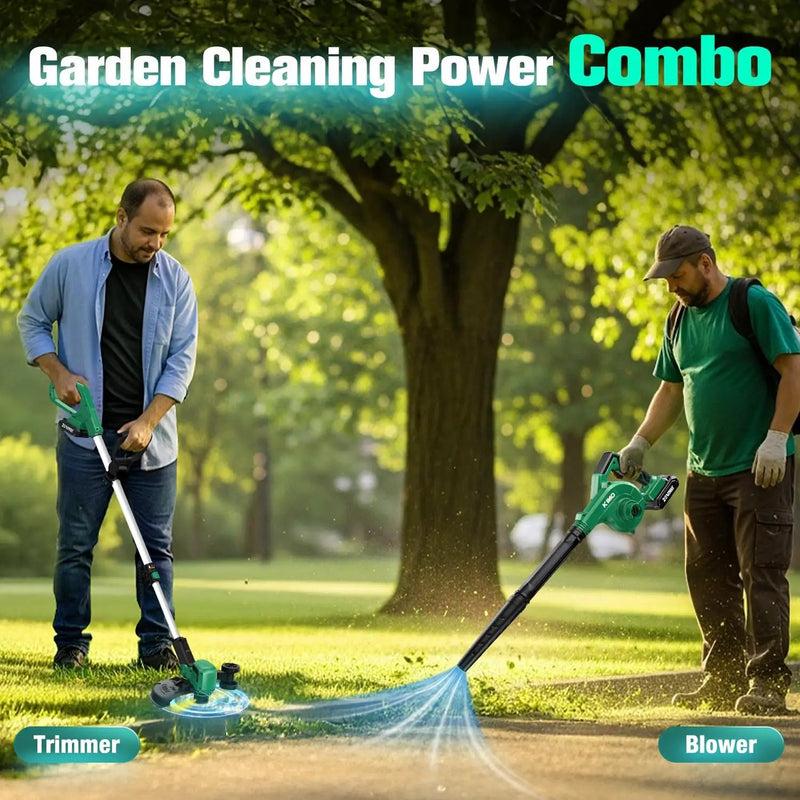 KIMO 20V Weed Wacker and Blower Combo w/2 x 2.0Ah Battery & Charger, 12 Inch String Trimmer w/10Pcs Cutting Lines, 4-in-1 Leaf Blower Cordless w/Vacuum, 3 Nozzles & 20" Extended Tube for Yard, Garden by GreenHaven Gardens