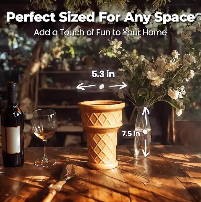 Fun & Unique Ice Cream Cone Flower Planter Charming 7" Tall Ceramic Vase for Indoor & Outdoor Home Decor – Quirky Retro Garden Art for Plant Lovers by GreenHaven Gardens