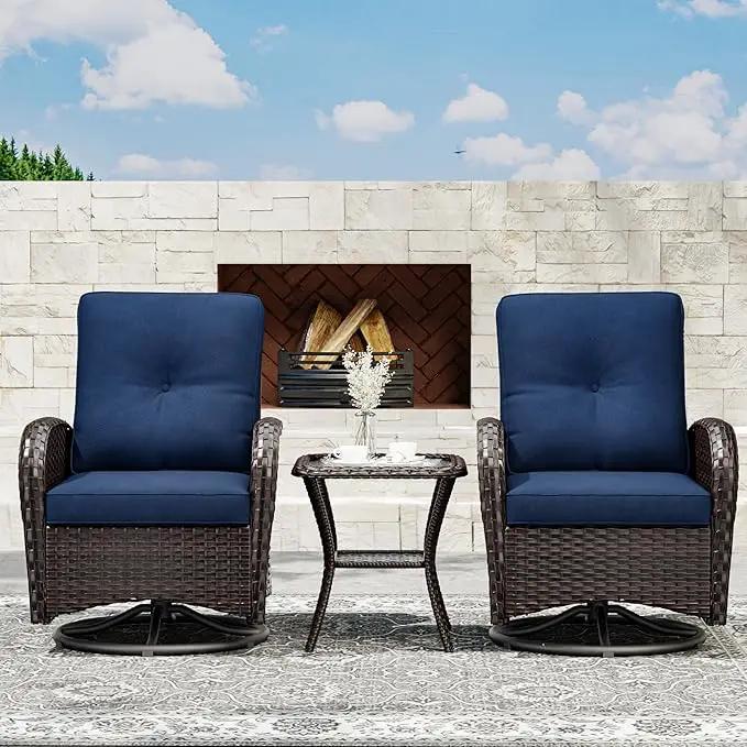 Joyside Outdoor Swivel Rocker Chairs, 3 Piece Wicker Patio Set with Thick Cushion and Side Table, Rattan Patio Swivel Rocking Chairs for Porch, Deck Use (Brown/Blue, 3 PCS) by GreenHaven Gardens