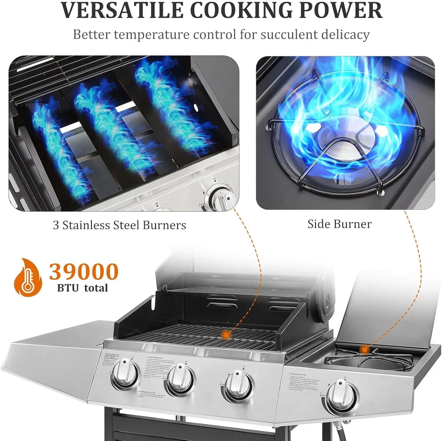 Unovivy 3-Burner Propane Gas BBQ Grill with Side Burner & Porcelain-Enameled Cast Iron Grates Built-in Thermometer, 39,000 BTU Outdoor Cooking, Patio, Garden Barbecue Grill, Black and Silver by GreenHaven Gardens