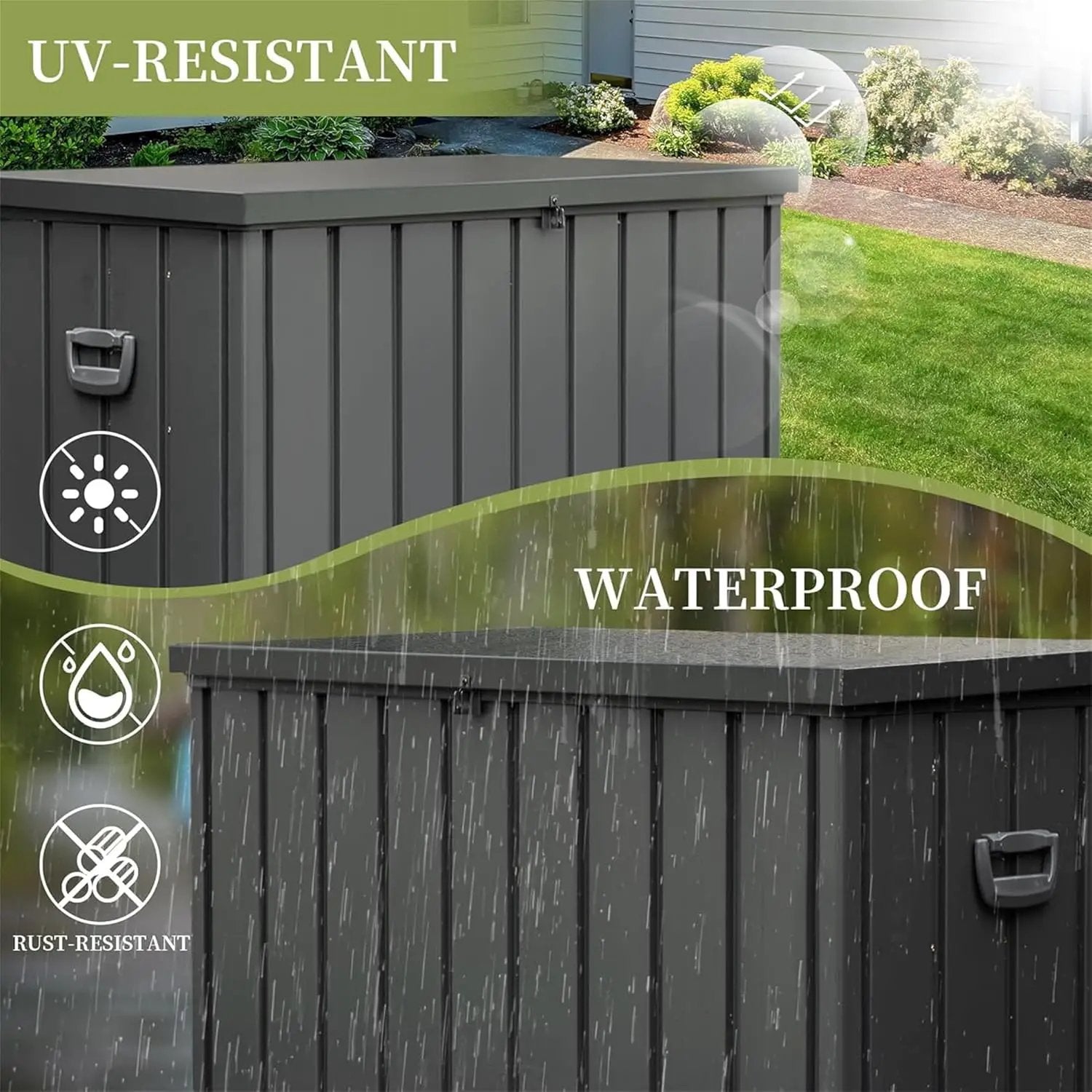 KUIKUI 200 Gallon Deck Box Waterproof, 200 Gallon Outdoor Storage Box, Metal Deck Box Waterproof for Pool Patio Cushions and Sports Pools Equipment, Dark Gray by GreenHaven Gardens