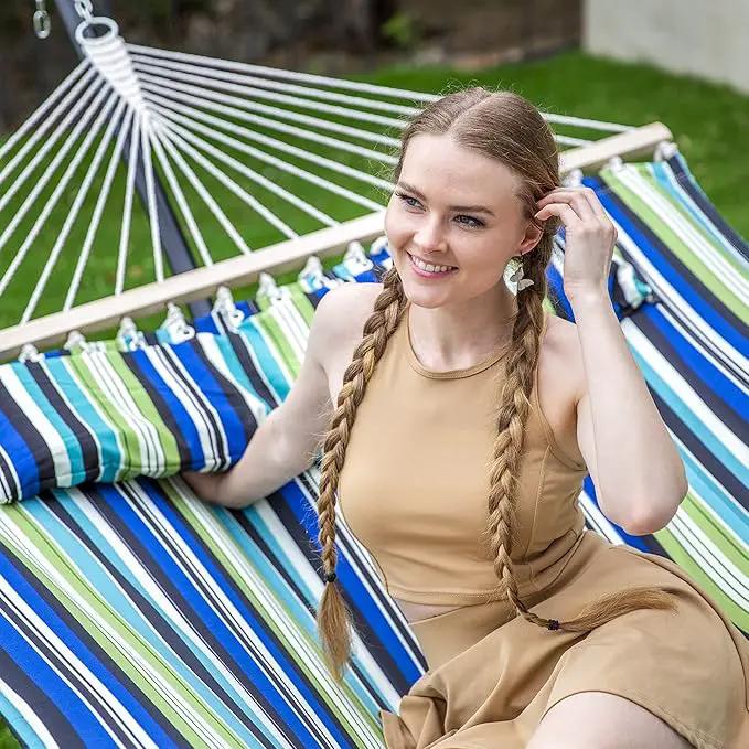SUNCREAT Hammock with Stand 2 Person Heavy Duty, Freestanding Hammock with Spreader Bar, Soft Pillow, Green Stripes by GreenHaven Gardens
