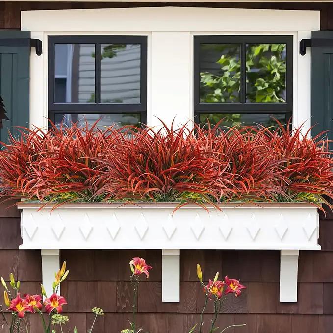 Uieke 28 Bundles Artificial Outdoor Plants UV Resistant Fake Grass Plants Faux Plastic Plants Greenery Shrubs for Home Garden Pathway Window Box Front Porch Cemetery Fall Decor, Autumn Red by GreenHaven Gardens