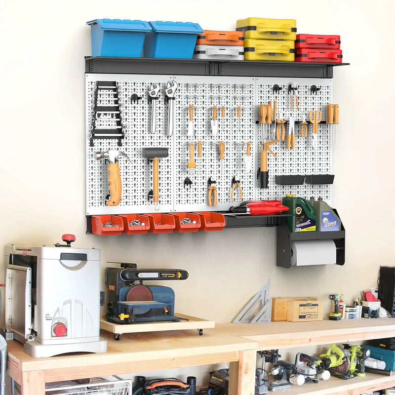 TORACK Pegboard Wall Organizer 4 ft. Garage Metal Pegboard Tool Organizer System, Tools Storage Peg Board Kit with Hooks and Accessories, Wall Mounted Storage Bins, Overhead Shelves by GreenHaven Gardens