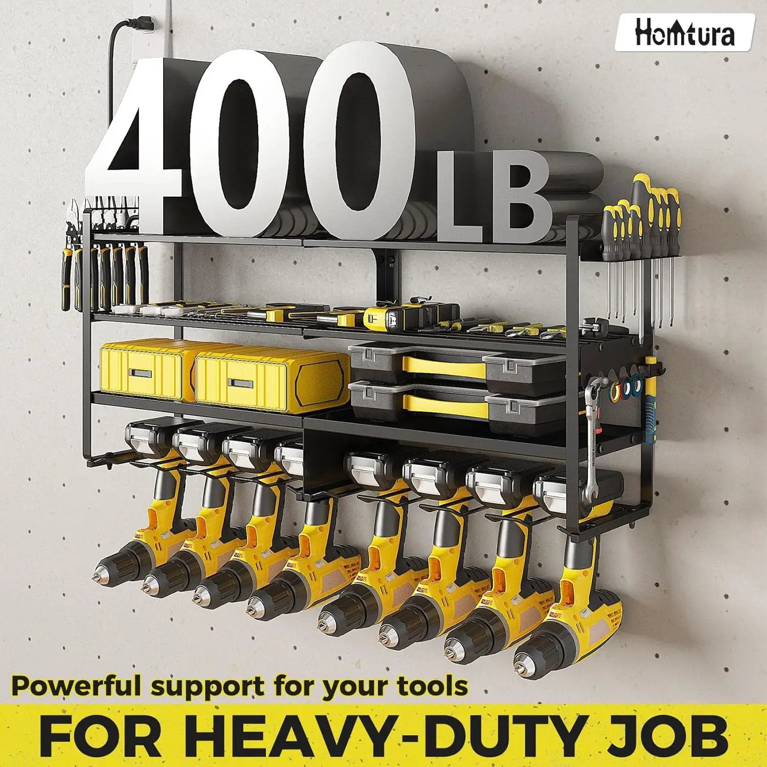 ‌Heavy Duty 4-Layer Power Tool Organizer Wall Mount with 8 Outlet Power Strip- Holds 8 Cordless Drills, 400lbs Capacity Metal Garage Storage Rack‌ by GreenHaven Gardens