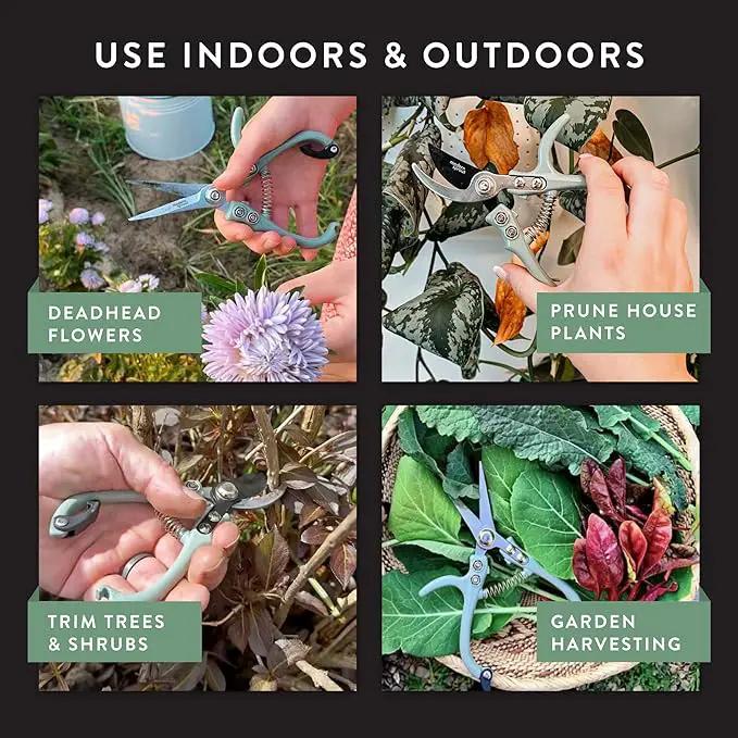 Modern Sprout Hand Pruners & Shears Set - Lightweight Gardening Tools W/Easy Lock - Sharp Carbon Steel Blades -Rust Resistant Scissors for Herbs, Flowers - Reusable Holster - Sage by GreenHaven Gardens