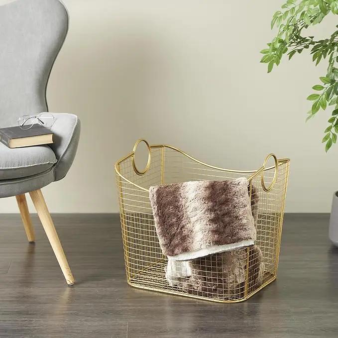 Deco 79 Metal Decorative and Functional Storage Basket Deep Basket Organizer with Round Handles, Basket for Storage 20" x 18" x 19", Gold by GreenHaven Gardens