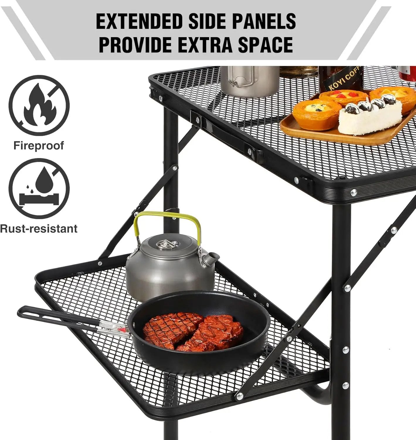 RedSwing Folding Grill Table with Extension Space, Adjustable Height Portable Large Stand Camp Table for Outdoor Indoor Camping Picnic BBQ, Black with Side Panels by GreenHaven Gardens