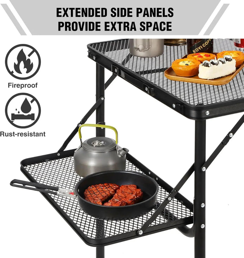 RedSwing Folding Grill Table with Extension Space, Adjustable Height Portable Large Stand Camp Table for Outdoor Indoor Camping Picnic BBQ, Black with Side Panels by GreenHaven Gardens