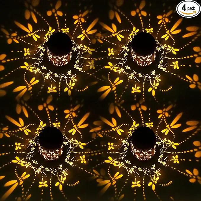 Mothers Day Gifts, 4 Packs Solar Lanterns Outdoor Hanging Lantern Lights, 4 Dragonfly Hollowed-Out Metal Decor Lantern, Waterproof LED Decorative Garden Light Gifts by GreenHaven Gardens