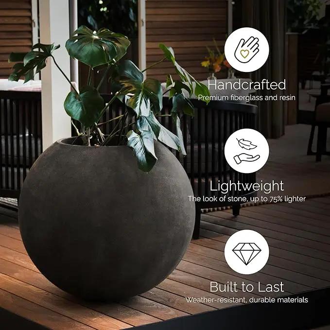 Orbo Globe Sphere Planter - 29.5 in x 29.5 in x 26.2 in - Grey Stone by GreenHaven Gardens