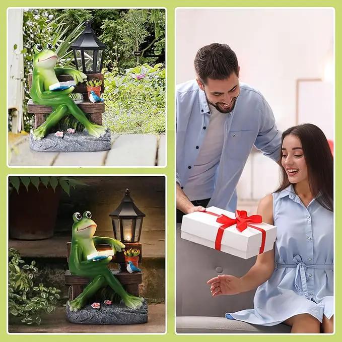 Outdoor Resin Reading Frog Statues, Solar Frog Garden Statues, Garden Frogs Outdoor Decor for Lawn, Balcony, Yard Decoration, Frog Gifts for Mom, Grandma, Wife by GreenHaven Gardens