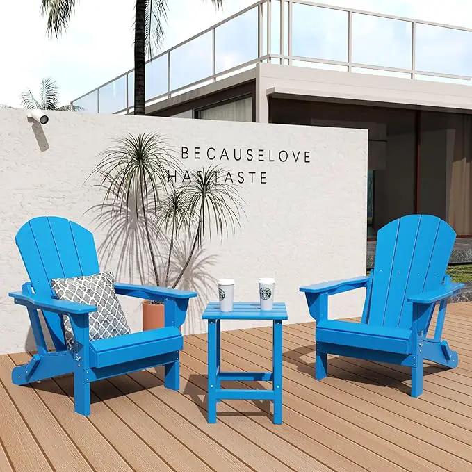 WO Home Furniture Adirondack Chair Table Set of 2 PCS Outdoor Folding Chair w Side Table Weather/UV Resistant for Lawn, Garden, Bon Fire, Balcony (Pacific Blue) by GreenHaven Gardens