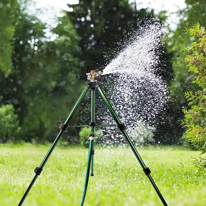 Biswing Impact Sprinkler Head on Tripod Base, Heavy Duty Lawn Sprinklers, 360 Degree Large Area Irrigation, Brass Sprinkler Nozzle & Solid Alloy Metal Extension Legs Flip Locks, 1 Pack by GreenHaven Gardens