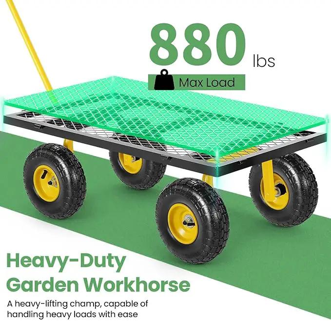 Homdox MAX 880 Lbs Garden Cart, Heavy Duty Foldable Mesh Steel Garden Wagon with 180° Rotating Handle and 10 Inch Tires, Pullable Yard Cart for Yard Garden Beach Farm, Yellow with Bag by GreenHaven Gardens