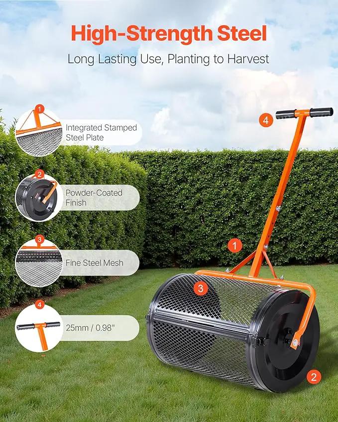 VEVOR Compost Spreader, 24 in Wide Peat Moss Spreader with T Shaped Handle, 3 Heights Adjustable, Powder-Coated Steel Garden Peat Moss Roller, Heavy Duty Grass Seed Spreaders for Planting Seeding by GreenHaven Gardens