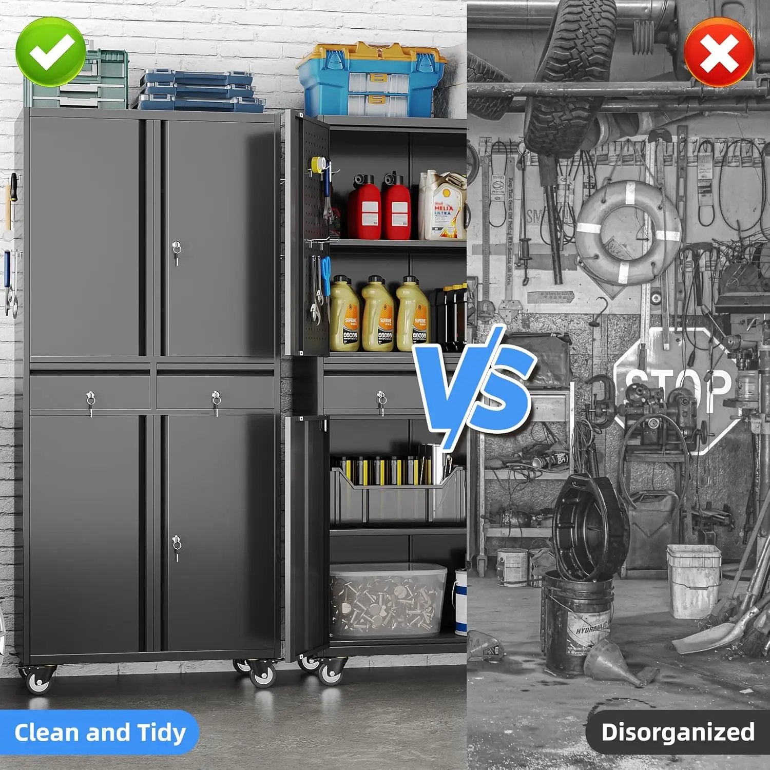 71''H Metal Garage Storage Cabinet with Wheels & 4 Pegboard,Rolling Tool Cabinet with Adjustable Shelves & 2 Lockable Drawer for Garage,Office,Home, Assembly Required,Black by GreenHaven Gardens
