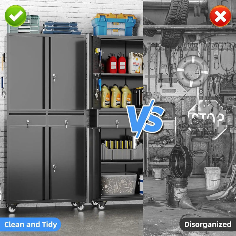71''H Metal Garage Storage Cabinet with Wheels & 4 Pegboard,Rolling Tool Cabinet with Adjustable Shelves & 2 Lockable Drawer for Garage,Office,Home, Assembly Required,Black by GreenHaven Gardens
