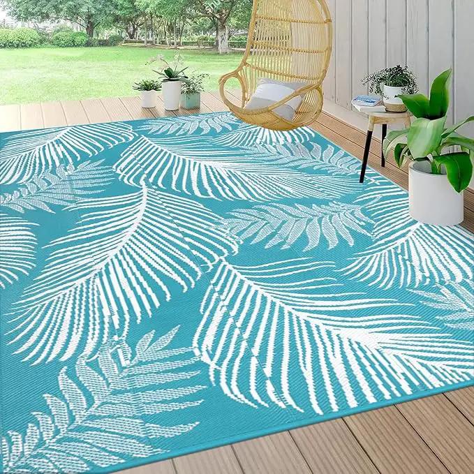 Pauwer Waterproof Outdoor Rug 9x12, Reversible Plastic Straw Patio Camping Rug, Indoor Outdoor RV Mat Carpet for Deck, Camper, Porch, Balcony, Backyard, Picnic, Leaf Teal by GreenHaven Gardens