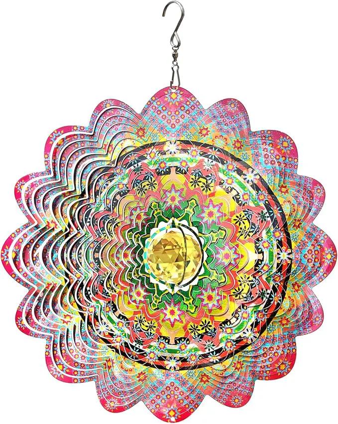 FONMY Mandala Wind Spinner w/Crystal Ball-Romatic Flower 3D Stainless Steel Hanging Spinners Worth Gift Christmas Decoration Indoor/Outdoor Garden Décor Kinetic Yard Art 12 Inches Wind Sculpture by GreenHaven Gardens