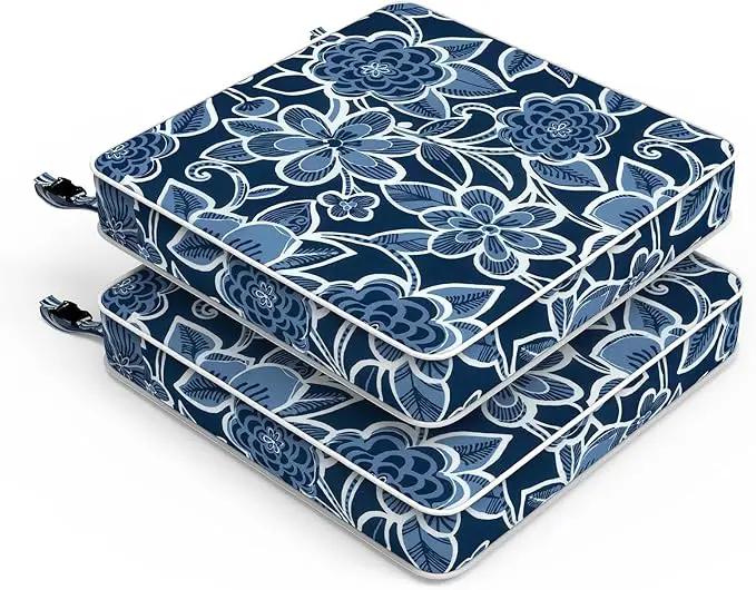 LVTXIII Patio Chair Cushions 22"x22"x3", Water-Repellent Outdoor Seat Cushions for Patio Furniture, Square Chair Pads with Ties for Home Garden Decoration, Set of 2, Flower Navy by GreenHaven Gardens