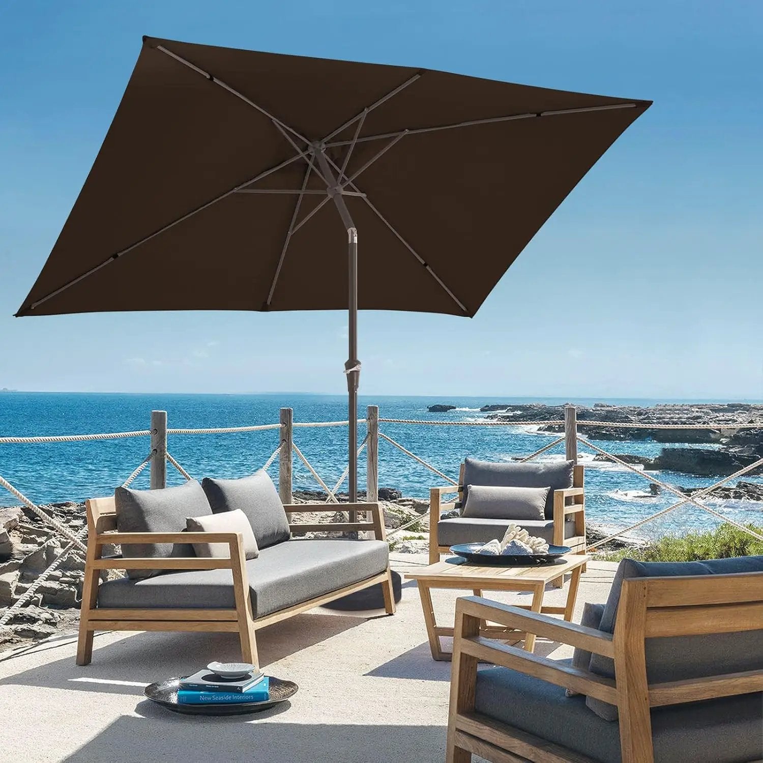 JEAREY 6.5x10 ft Rectangular Patio Umbrellas Outdoor Market Umbrella with Push Button Tilt and Crank, Rectangle Table Umbrella 6 Sturdy Ribs UV Protection for Pool Garden Backyard Deck, Brown by GreenHaven Gardens