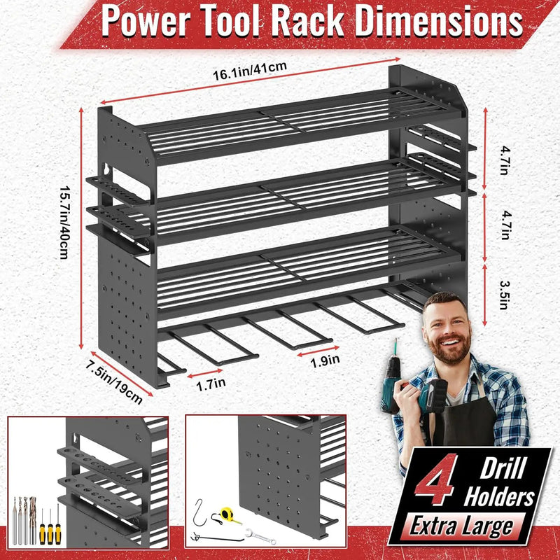 Power Tool Organizer Wall Mount, Metal Power Tool Storage Rack with Screwdriver Holder, Garage Tool Storage Shelves with Screwdriver Holder Plier Holder (Black, 4 Drills Holder) by GreenHaven Gardens
