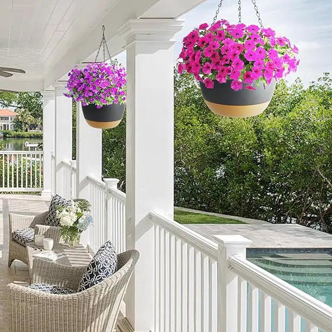2 Pack Hanging Planters Set,10 Inch Indoor Outdoor Hanging Plant Pot Basket,Hanging Flower Pot with Drainage Hole with 3 Hooks for Garden Home… (Black Hanger Black Planters) by GreenHaven Gardens