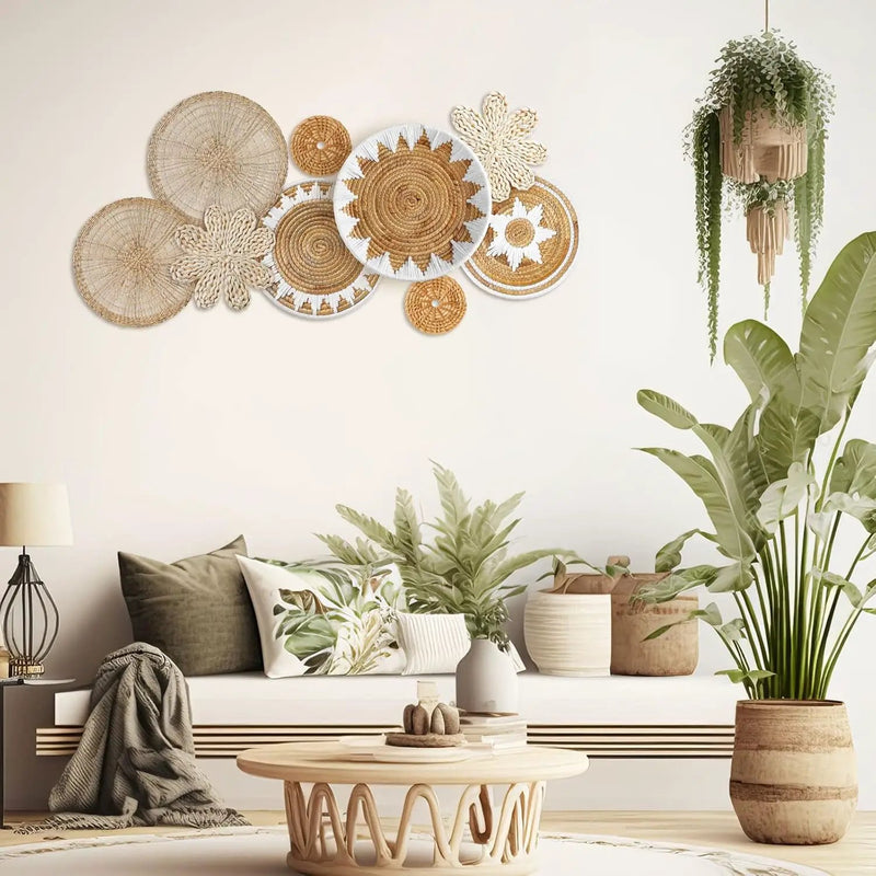 Xuhal Set of 8 Hanging Woven Wall Basket Handmade Decorative Rustic Boho Basket Decor Handcrafted Wicker Round Seagrass Wall Art for Home Kitchen Farmhouse Table Living Room by GreenHaven Gardens