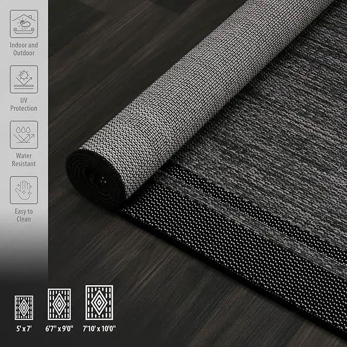 CAMILSON Indoor Outdoor Rug, 5x7 Bordered Dark Grey Black Modern Area Rugs for Indoor and Outdoor Patios, Kitchen and Hallway Mats, Washable Porch Deck Outside Carpet (Bordered Black, 5 x 7) by GreenHaven Gardens