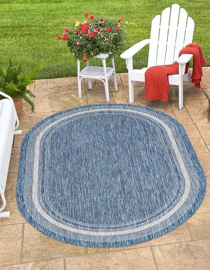 Unique Loom Outdoor Border Collection Area Rug - Soft Border (3' 3" x 5' 3" Oval, Blue/ Ivory) by GreenHaven Gardens