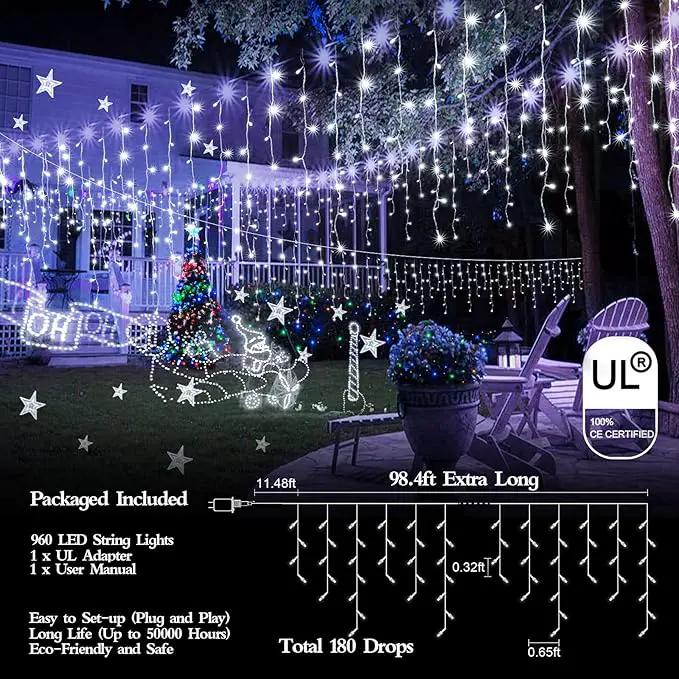 960 LED 98FT Christmas Lights Plug in 8 Modes with Timer Dimmable Christmas Decorations Outdoor Waterproof Indoor Curtain String Lights for Roof Garden Holiday Wedding Party Decor Cool White by GreenHaven Gardens