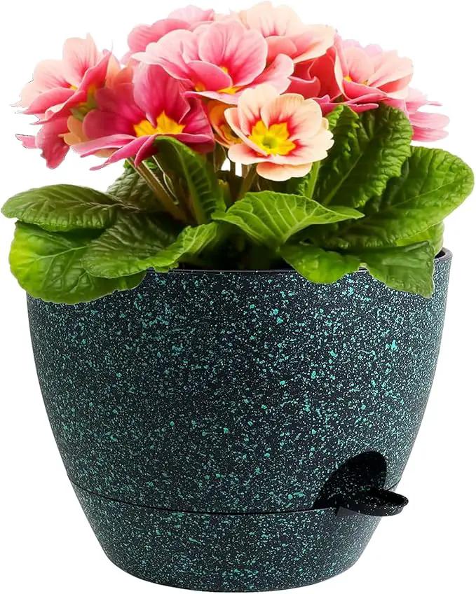 12 inch Large Self Watering Pots for Indoor Outdoor Plants, Flower Plant Pots with Mesh Drainage Holes for Garden House Plants, Plastic Planters for Home Plants, Black with Green Speckles by GreenHaven Gardens