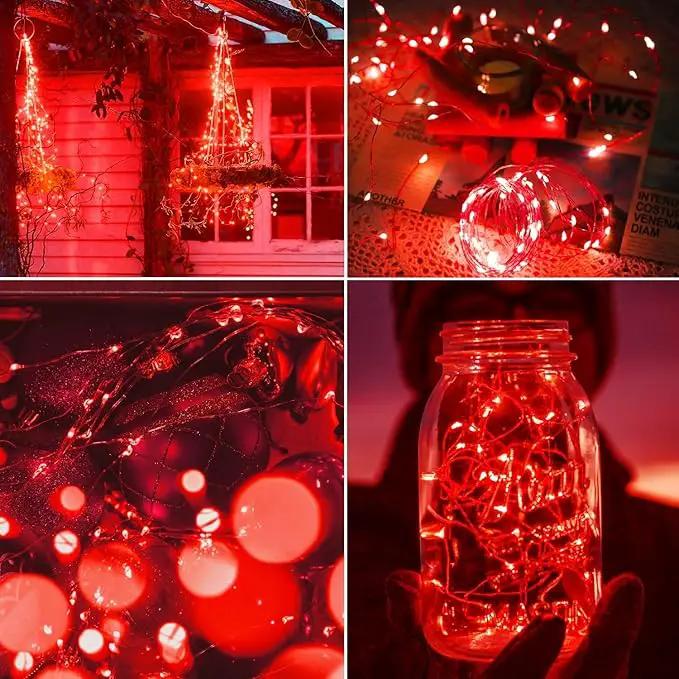 QITONG 4 Pack Red Solar Fairy Lights, Each 33ft 100 LED String Light Outdoor Waterproof, 8 Modes Silver Wire Red Outdoor Lights by GreenHaven Gardens