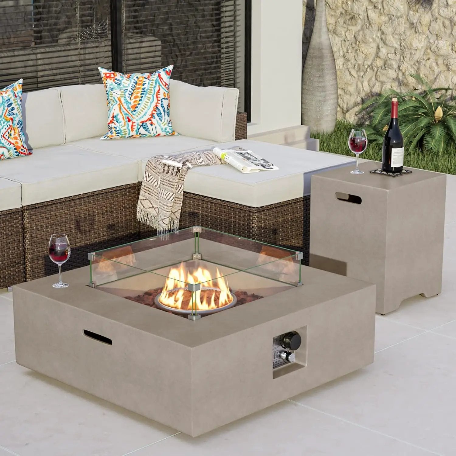 COSIEST 35-inch Square Outdoor Sandstone Propane Fire Pit w Wind Guard and Side Table, CSA Certified, 50,000 BTU Stainless Steel Burner, Free Lava Rocks and Rain Cover, Metal Lid(Gray) by GreenHaven Gardens