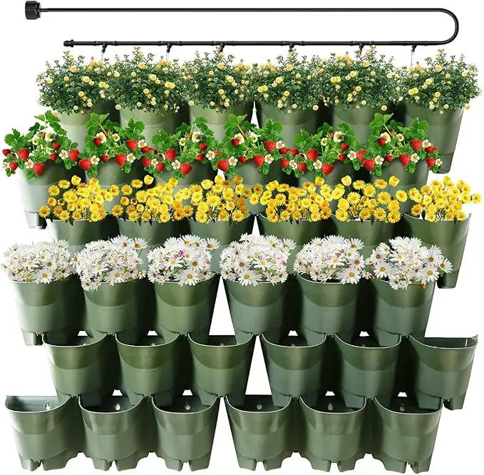 Worth Garden 36 Pockets Self Watering Vertical Planters Indoor Outdoor Living Wall Mounted - 9' Automatic Dripping Irrigation System Hose Kit Stackable Plastic Pot Herb Plants Home Balcony Decoration by GreenHaven Gardens