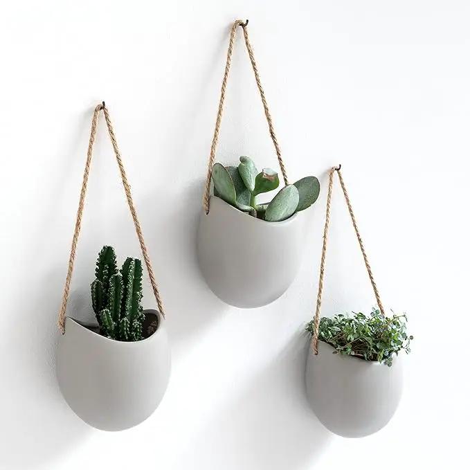 Wall Planters -Ellie- | Hanging Ceramic Plant Pots 3 Pieces | Wall Decoration for Indoors, Balcony and Garden | Light Grey (Matte) by GreenHaven Gardens