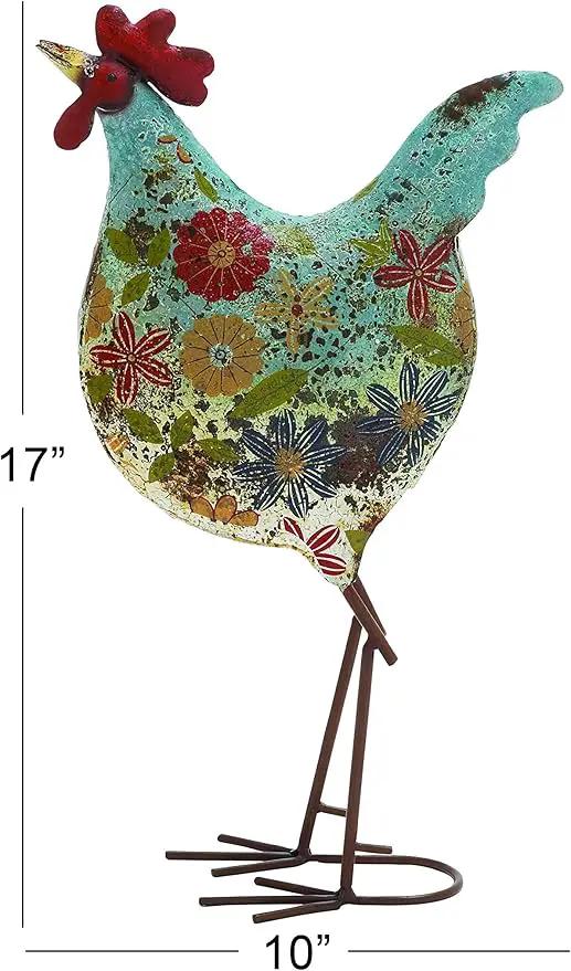 Deco 79 Metal Rooster Decorative Garden Sculpture Indoor Outdoor Distressed Standing Garden Statue with U Shaped Feet, Outdoor Sculpture 10" x 5" x 17", Green by GreenHaven Gardens
