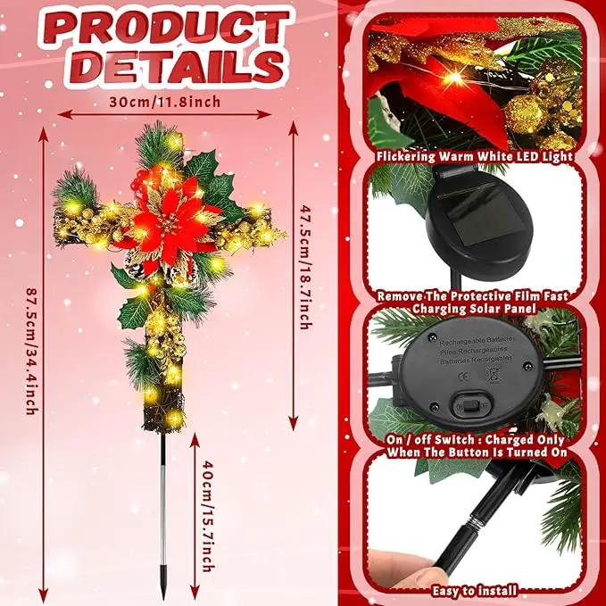 Ganeen 2 Pcs Solar Stake Christmas Outdoor Decorations Christmas Yard Stake Decor LED Lights Cemetery Grave Cross Poinsettia Decor for Holiday Garden Pathway Lights (Poinsettia) by GreenHaven Gardens
