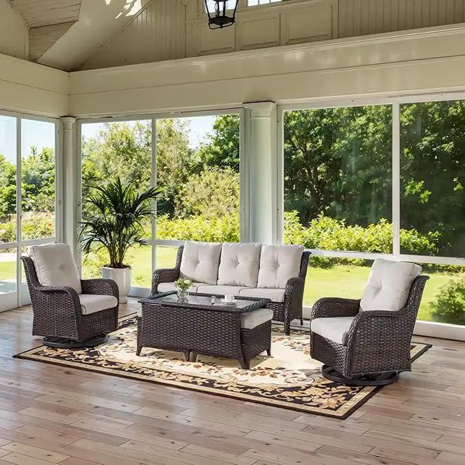 Wicker Outdoor Furniture Patio Furniture Set - 6 Piece Patio Conversation Set with Swivel Rocker Chairs, Rattan Sofa, Ottomans and Coffee Table, Beige Cushion by GreenHaven Gardens