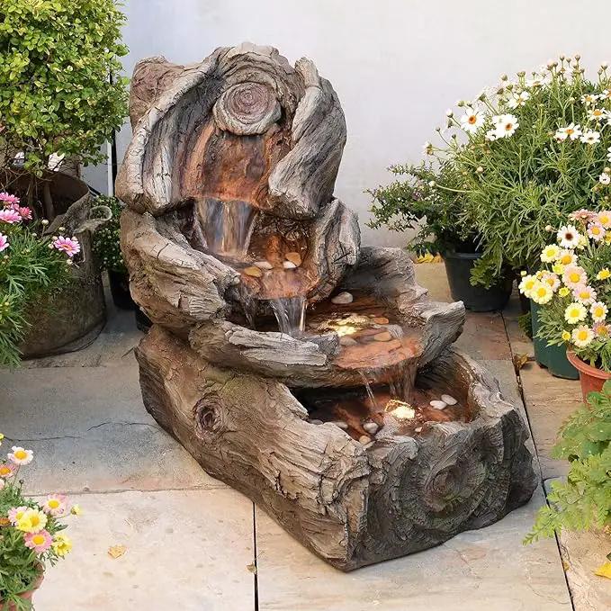 31.5" L Garden Water Fountain Outdoor, Artifical Imitation Wood Outdoor Water Fountain Natural Waterfall with LED Lights for Patio,Porch,Backyard,Home Art Decor（Resin） by GreenHaven Gardens