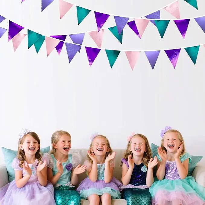 Mermaid Party Decorations Purple Pink and Teal Aqua Metallic Fabric Triangle Pennant Banner Flag Bunting Garland for Mermaid Under the Sea Birthday Wedding Baby Shower Engagement Party Supplies by GreenHaven Gardens