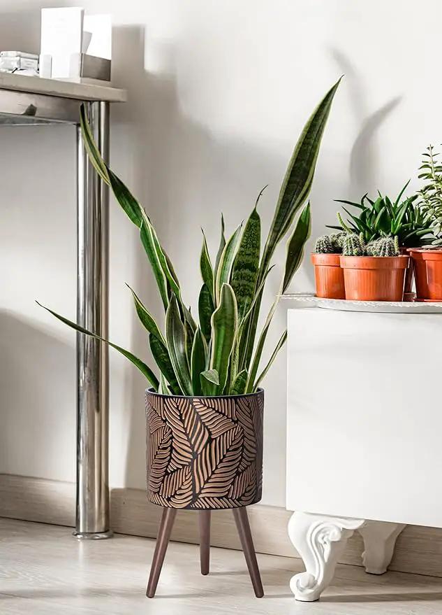 D'vine Dev 12 Inch Planter Pot with Stand, Mid-Century Tall Plant Pot with Legs for Indoor Plants, Large, Bronze/Grey, 88-L-C-6 by GreenHaven Gardens