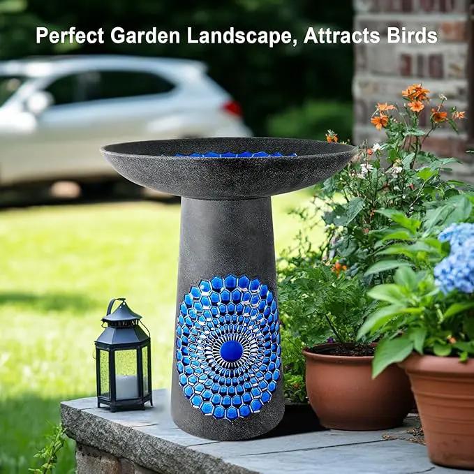 21.5'' Tall Ceramic Bird Bath for Outdoor, Heavy Duty - Cold-Weather Resistant Bird Bath, Garden and Patio Décor - Diamond Blue by GreenHaven Gardens