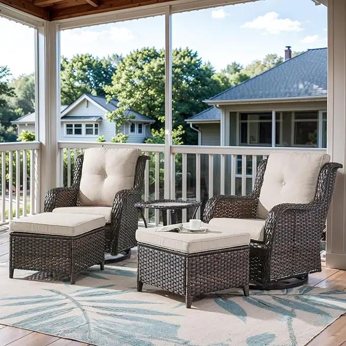 5 Pieces Patio Furniture Sets Wicker Outdoor Furniture, Rattan Patio Swivel Glider Chairs with 2 Ottoman and Glass Side Table by GreenHaven Gardens